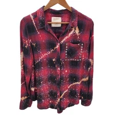 Upcycled Womens L Bleach Dye Plaid Grunge Shirt Long Sleeve Studded Pocket