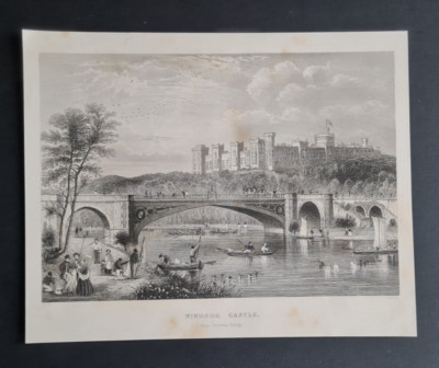 Antiker (1859) Druck - Windsor Castle von Victoria Bridge - Themse - England