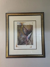 1980 Framed Art Work Abstract Cubism Style Artist Signed Iris & Mary Gold Frame 