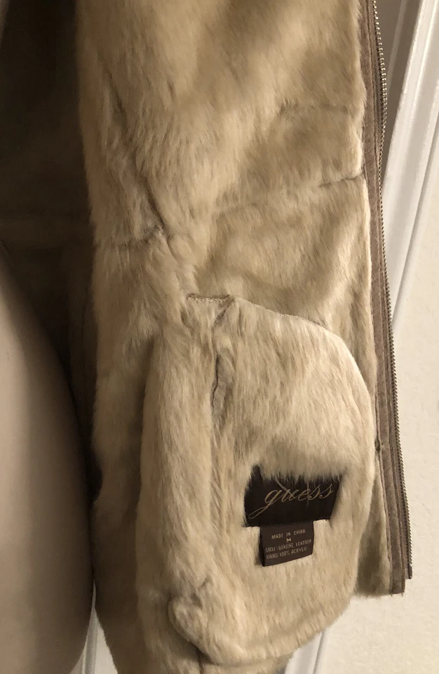Abrigo Chaqueta Guess Wmn Talla M Marrón Claro Cuero Genuino Forrado Piel Sintética Cremallera Completa Foto 4 de 4