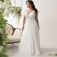 Plus Size Wedding Dresses Cap Sleeve V-neck Lace Applique Chiffon Beach Dress