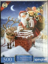 SPRINGBOK 500 PC SPECIAL DELIVERY REINDEER SANTA W GIFTS BY CHIMNEY NEW