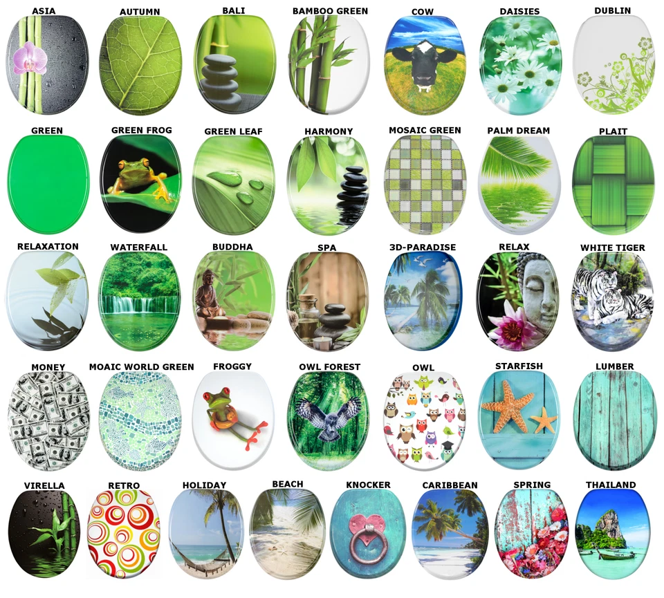 HIGH QUALITY PRINTED WC TOILET SEAT |STABLE HINGES |EASY TO MOUNT| GREEN DESIGNS