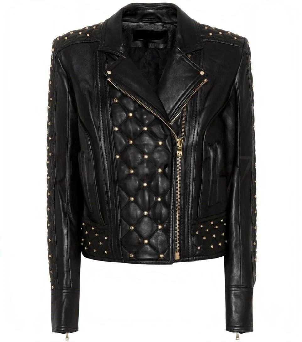 New Women Balmain Quilted Golden Studded Black Brando Classic Leather Jacket