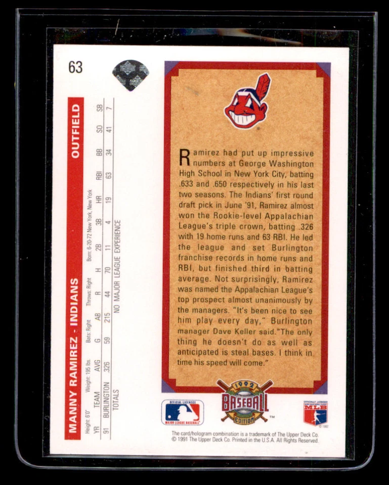1992 Upper Deck #63 Manny Ramirez RC - Image 2 of 2