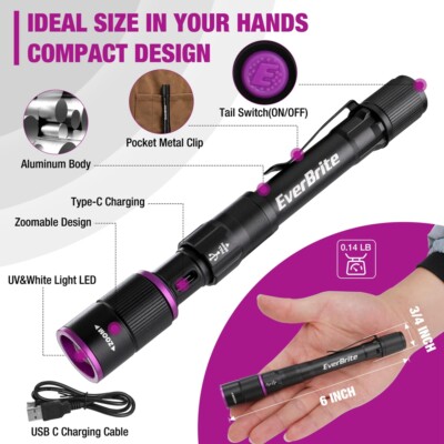 EverBrite Rechargeable Pen Flashlight with UV Light and White Light 4 Mode New
