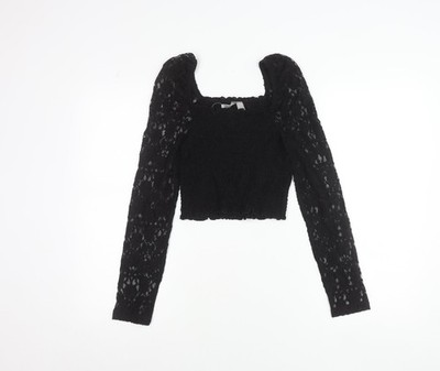 Asos Damenbluse schwarz Spitze kurz Puffärmel UK 10