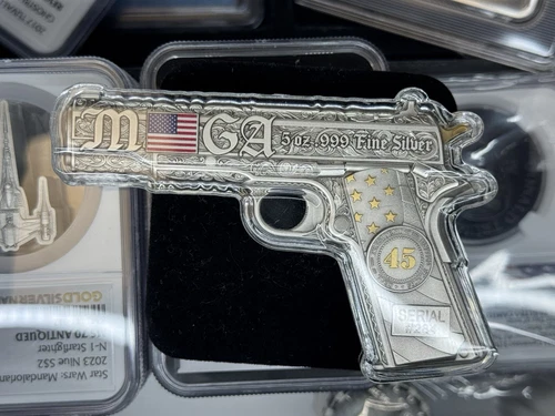 2024 5 Oz .999 Fine Silver "The Don 45" Donald Trump 45 Pistol Shaped Silver Bar