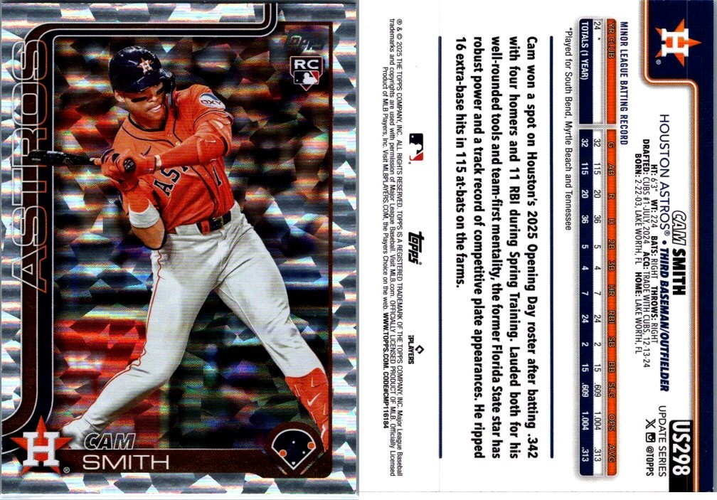 US298 Cam Smith Houston Astros RC 2025 Topps Update Silver Foilboard