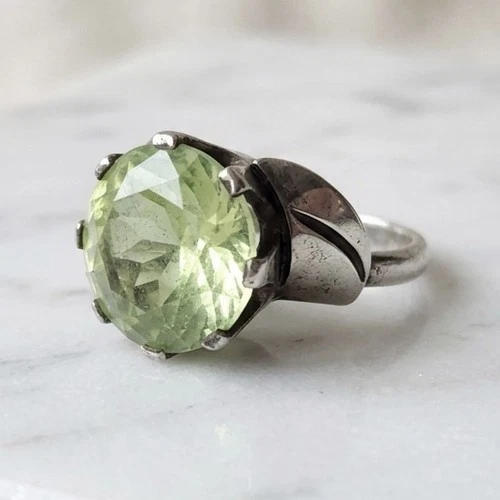 Vtg Taxco Spinel Sterling Ring "Uranium Glass UV Glow" Yellow Green Silver READ