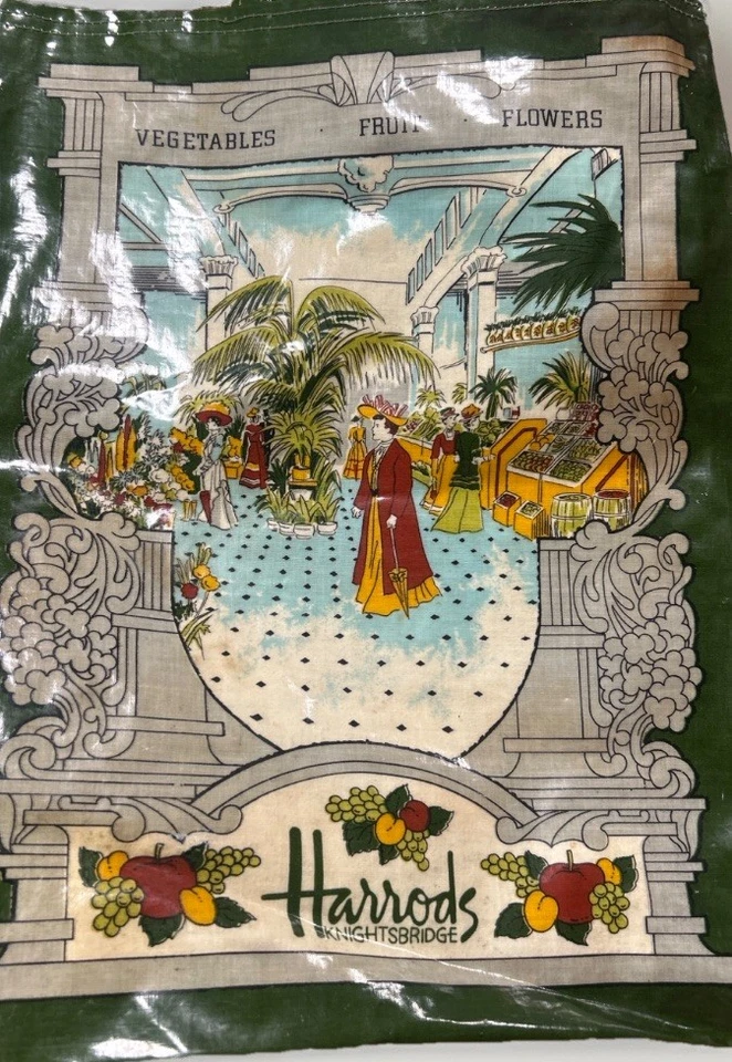 Vintage Harrods Knightsbridge Market Scene Shopper Tote Bag London Glossy Green - Image 2 of 2