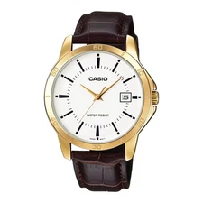 Casio Men’s Brown Leather Strap Watch with White Dial - MTP-V004GL-7A