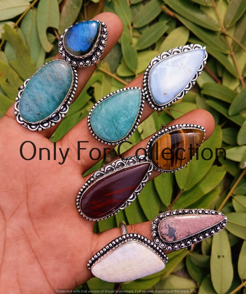 Lote de anillos enchapados en plata de ley 925 con ojos de tigre y mezcla de joyas para festivales Foto 2 de 3