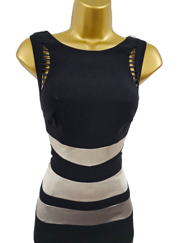 UK 10 KAREN MILLEN Black Taupe Chain Back Cocktail Party Pencil Dress - Picture 3 of 7