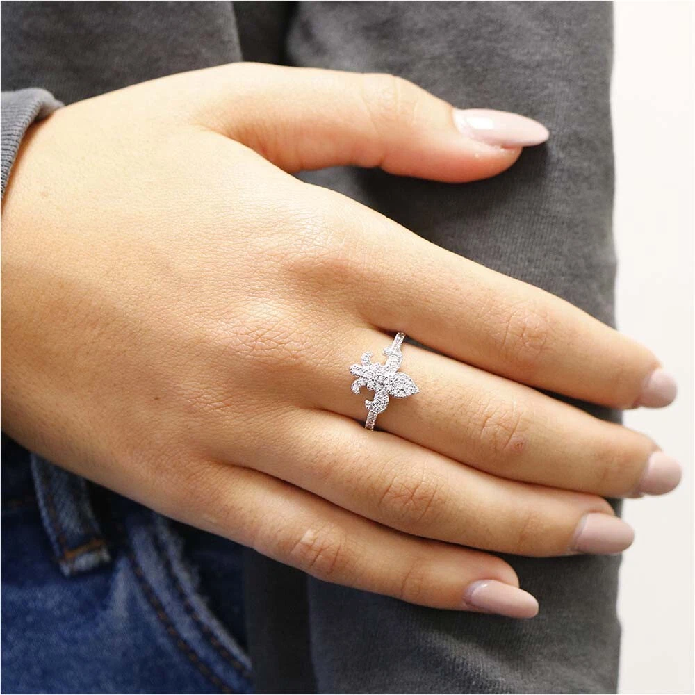 Fleur De Lis 18K White Gold Cubic Zirconia Ring Made With