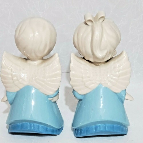 Ángeles besadores vintage de cerámica esmaltada azul marfil pintados a mano Navidad - Imagen 4 de 9