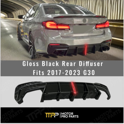 Fits BMW 2017-23 G30 530i M550i Sedan Gloss Black LED Light Rear Bumper Diffuser