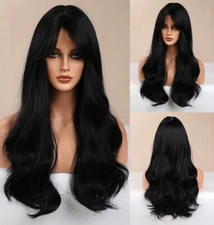 Black Natural Long Wavy Cosplay Wigs With Bangs Heat Resistant Hair Women