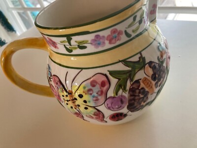 World Bazaar Pitcher Pottery Floral Butterfly  6 in H Spring Decor