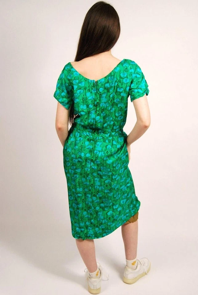 60s Floral Dress (M) vintage green abstract sheath medium midi tie sheath mod 50 - Image 3 of 4