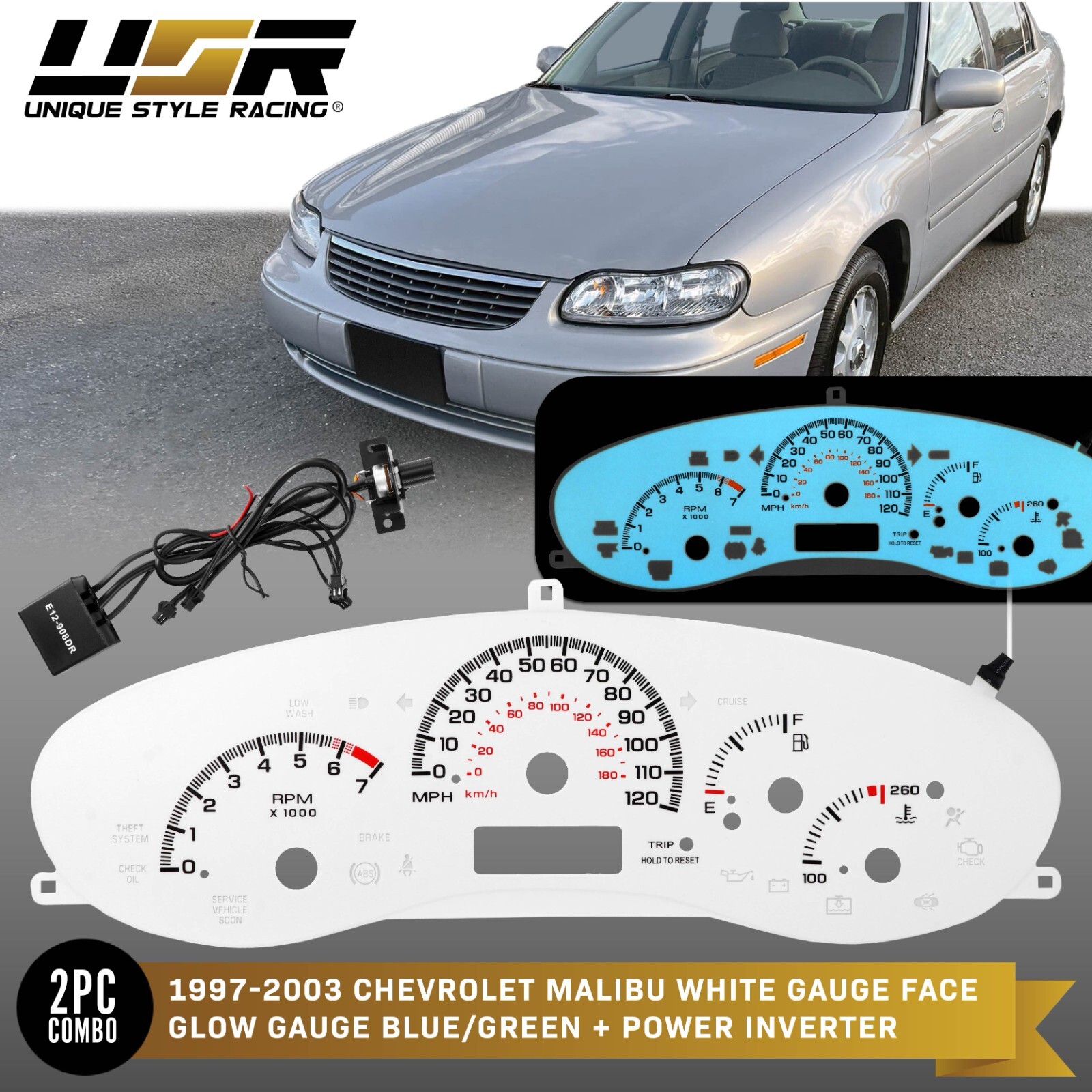 Blue/Green Glow Gauge White Overlay for 97-03 Chevy Malibu Cluster