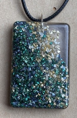 Handmade  Crushed Glass Galaxy Resin Pendant Teal/green/gold Sparkle Boho 