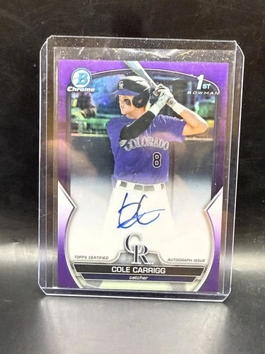 COLE CARRIGG 2023 Bowman Chrome RC Auto Puple card with purple border, Colorado 8, and blue autograph.