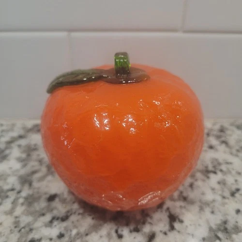 VINTAGE Murano Style Art Glass Orange Figurine Blown Fruit Green Leaf Decor 3"