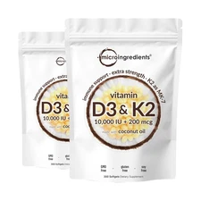 2 Pack Vitamin D3 10000 iu Plus K2 (MK-7) 200 mcg, 300 Virgin Cocon... Fast Ship
