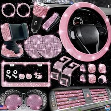 27PC Pink Bling Car Accessories Set, Steering Wheel Cover, License Plate Frame