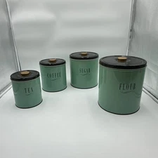 Set (4) Vintage 1960's DECOWARE CANISTER SET Metal Tin Flour Coffee Sugar Tea