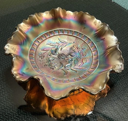 Vintage Dugan Carnival Glass Marigold Bowl Wildflower Ruffled Edge  8 3/4" D.