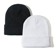PFFY Unisex Beanie Hats for Men Women Knit One Size Black white 2 Packs-Classic