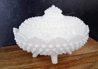 Vintage Fenton White Milk Glass Hobnail Oval Footed Covered Candy Dish with Lid