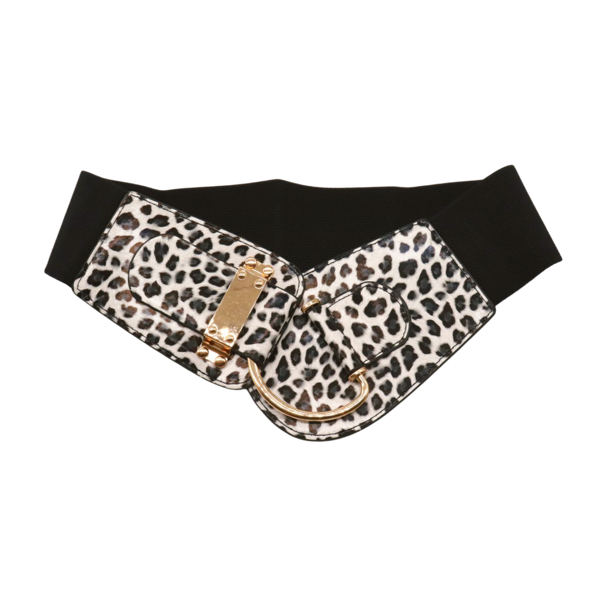 Women Black Elastic Waistband Belt Gold Hook Buckle Leopard  display picture 2