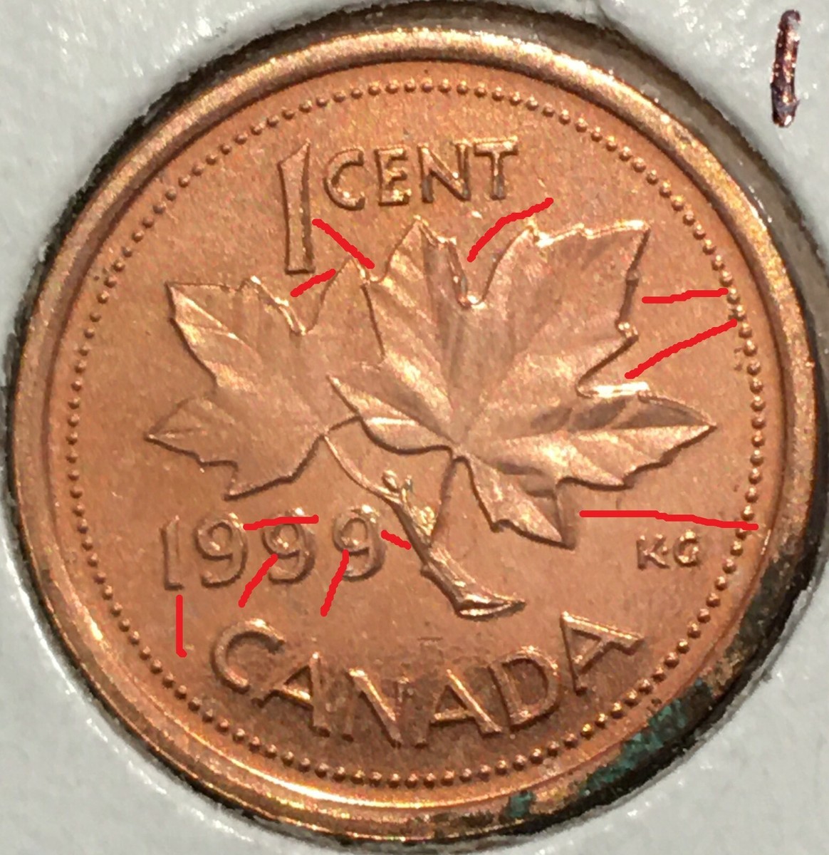 1999 Canada One Cent Major Error Coin Double Dates, Leaf plus 1 in