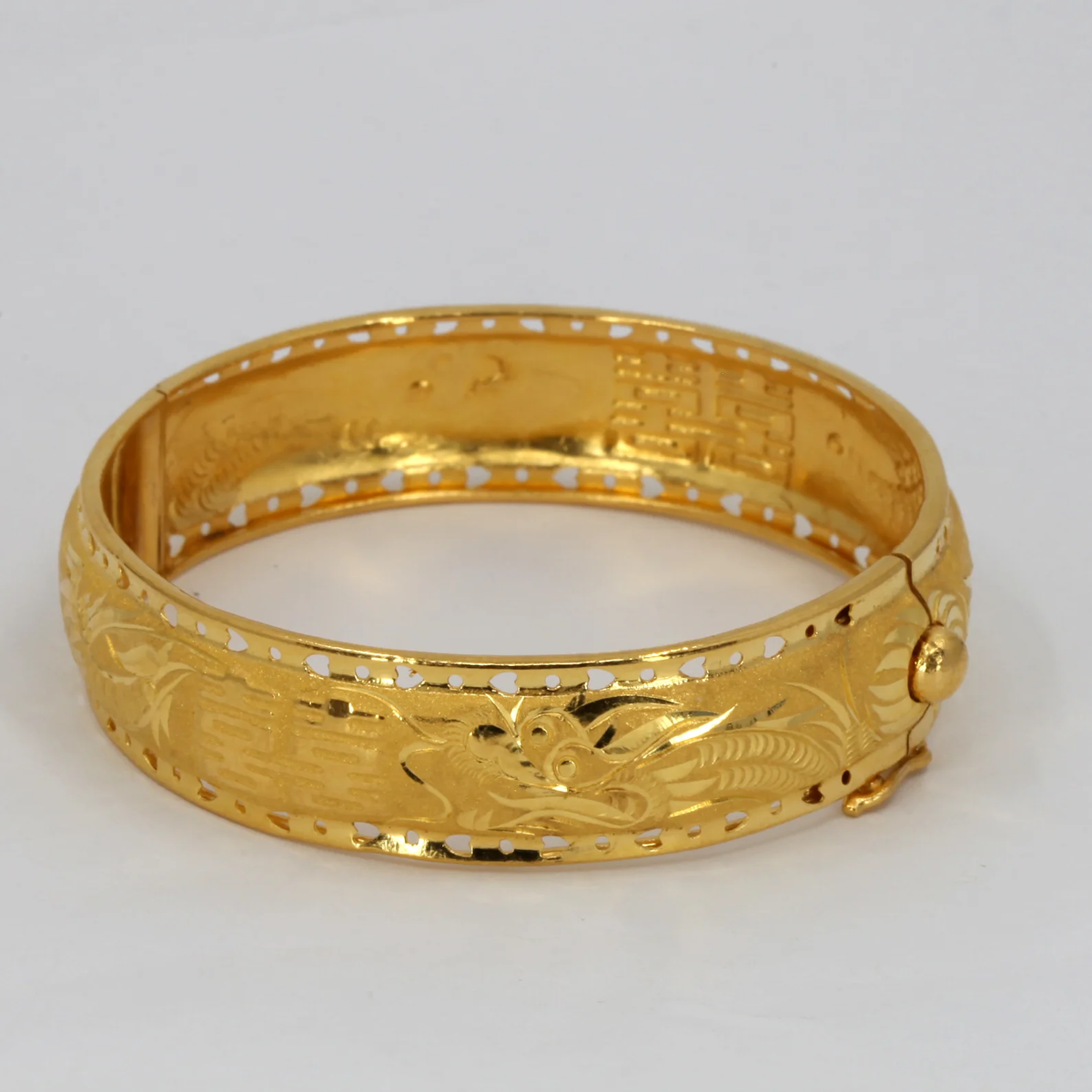 24K Solid Yellow Gold Dragon Phoenix Double Happiness Bangle 22.77