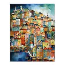 Seaside Village Folk Art Watercolour Colourful Coastal Wall Art Poster Print