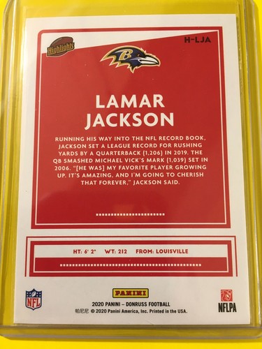 🔥🔥2020 Donruss LAMAR JACKSON #H-LJA Highlights “Most Rushing Yards QB” Ravens - Picture 2 of 2
