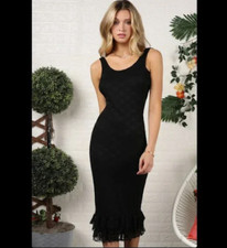New Sexy Black Textured Lace Dress With Lace Ruffle Hem 