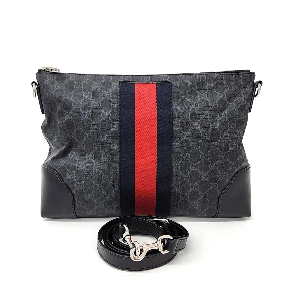 Gucci GG Supreme Sac à Bandoulière 474139 Sherry Line PVC Cuir Noir Homme