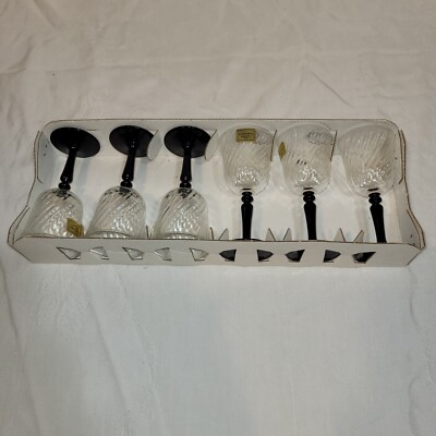 6 Luminarc Cristal D'Arques Onyx Cordial Glasses Optic Swirl Black France in Box