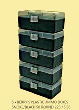 5 x BERRY'S PLASTIC AMMO BOXES (5) SMOKE/BLACK 50 ROUND 223 / 5.56