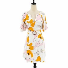 LOFT NEW 8 Linen Blend White Pink Floral Belted Pretty Feminine Casual Dress