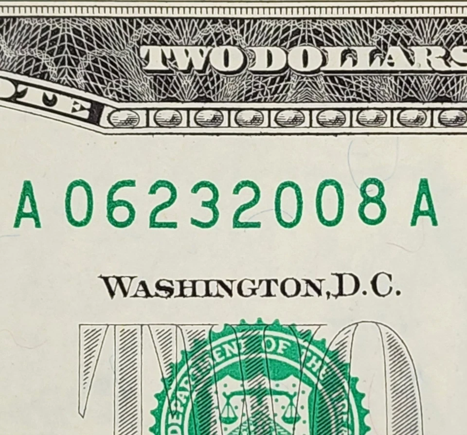 JUNE 23 2008 UNC $2 DOLLAR BILL ~06232008~ FANCY SERIAL # BIRTHDAY ANNIV NOTE - Image 2 of 3