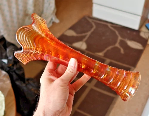 RARE Vintage Antique 10" Imperial Fenton Swung Tall Ribbed Carnival Glass Vase