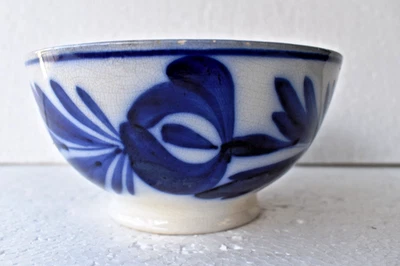 Antik Mouzin Lecat Nimy Belgium Fayence Blau Blumenmuster Cafe Au Lait Bowl 5.5 - Bild 1 von 4