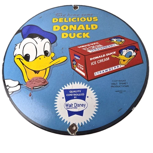 Vintage Donald Duck Ice Cream Sign - Walt Disney Porcelain Gas Service Pump Sign