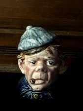 RARE Early Antique SMOKING MAN WITH CAP Tobacco Jar  Majolica Cigar Pipe Humidor