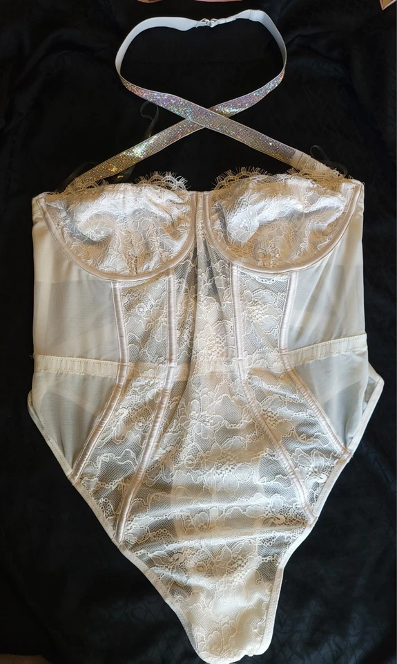 NWT Victoria's Secret Very Sexy Shine Strap Halter Neck White Lace Teddy XL - Image 2 of 4
